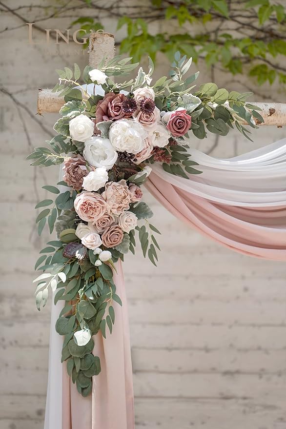 Ling's Moment Pink Mauve Artificial Wedding Arch Flowers Kit Pack of 4, 2pcs Hanging Flower Arrangement 2pcs Chiffon Drapes Spring Ceremony Reception Fake Rose Arbor Backdrop Floral Outdoor Decor