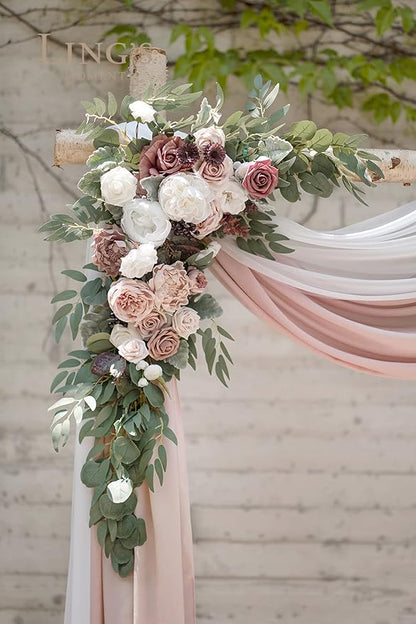 Ling's Moment Pink Mauve Artificial Wedding Arch Flowers Kit Pack of 4, 2pcs Hanging Flower Arrangement 2pcs Chiffon Drapes Spring Ceremony Reception Fake Rose Arbor Backdrop Floral Outdoor Decor