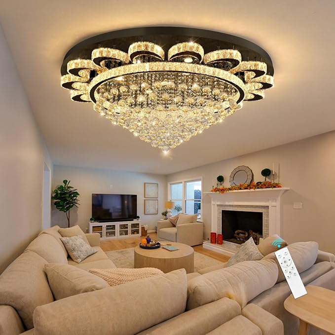 Modern Chandelier Living Room Light Large Luxury Chandeliers for High Ceiling Foyer Entryway Lights Dimmable 110W LEDs Crystal Black Lighting Fixtures