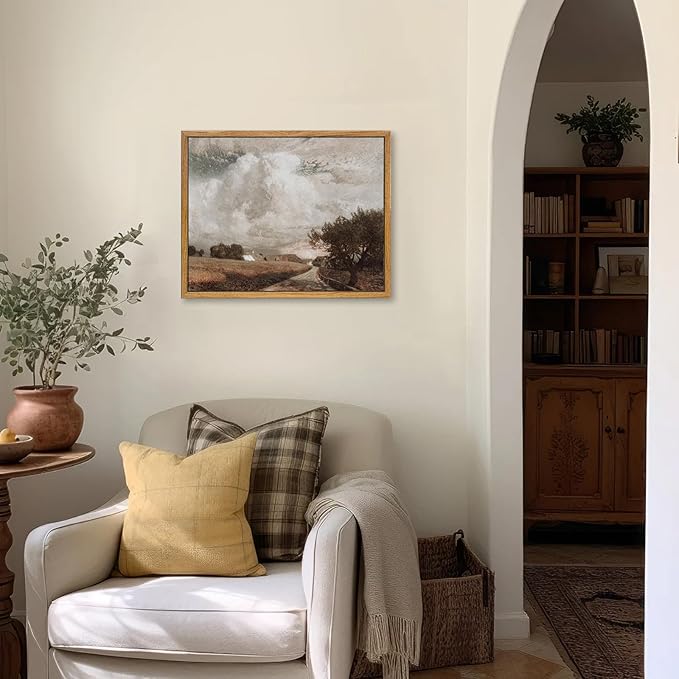 KBKBART Framed Canvas Wall Art, Vintage Wall Art European Landscape Oil Painting, Rustic Farmhouse Decor Country Landscape Print, Vintage Art Pictures for Bathroom Wall Decor Bedroom Living Room