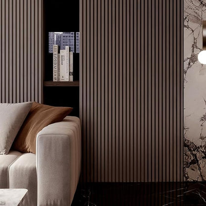 2PCS Wood Slat Acoustic Wall Panels for Ceiling and Wall Decor 3D Fluted Sound Absorbing Textured Panel with Wood Finish 108"×6" (Walnut Brown)