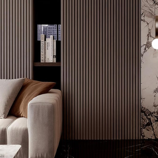 2PCS Wood Slat Acoustic Wall Panels for Ceiling and Wall Decor 3D Fluted Sound Absorbing Textured Panel with Wood Finish 108"×6" (Walnut Brown)