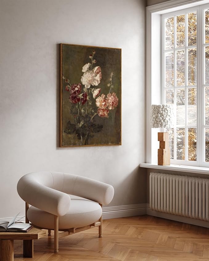 ARPEOTCY Large Framed Canvas Wall Art, Moody Hollyhocks Pictures Decor, 24x36Inch, Bathroom Kitchen Bedroom Vintage Floral Picture Decor, French Country Farmhouse Dark Art