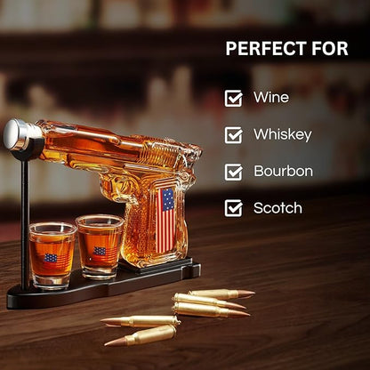 Gifts for Men Dad, Father Whiskey Decanter Set - 8 Oz with Two 2 Oz Glasses, American Flag Pistol Gun Anniversary Birthday, Home Bar Gifts, Drinking Military Present Dispenser, Him Husband Bar Gift