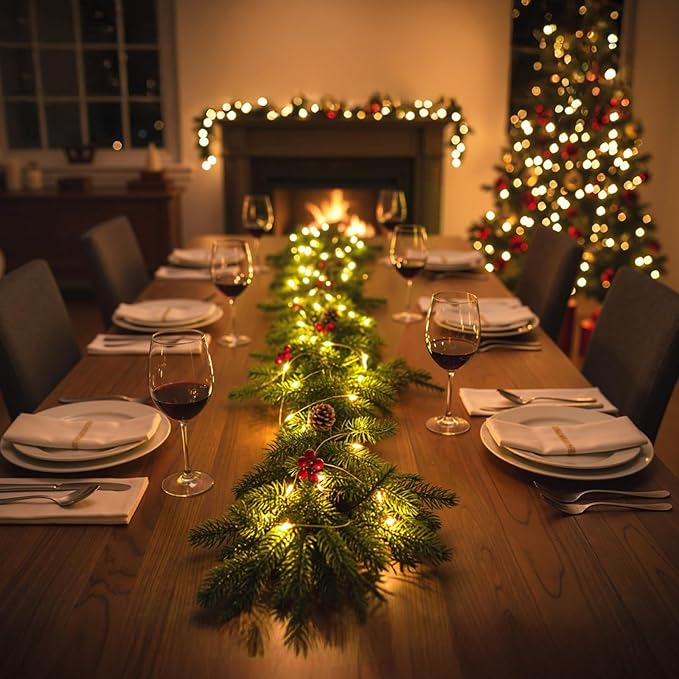 6ft Norfolk Pine Christmas Garland,Thick-Lush Faux Cedar Greenery (118 Full Branches) with LED Lights(40 Pieces), Pinecones & Red Berries for Fireplace Mantels, Tables, Walls | Indoor & Outdoor Decor