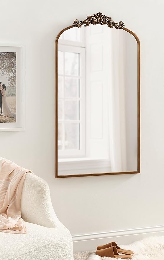 Kate and Laurel Arendahl Glam Arched Tall Panel Mirror; 24 x 42; Gold; Traditional Baroque Large Body Wall Mirror with Ornate Garland Inspired Crown