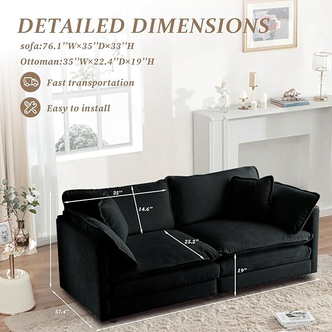 SoarFlash Chenille Sectional Sofa, Comfy Modular Loveseat Sofa, Modern 2-Seat Couch Deep Seat Sofa Set for Living Room,Black