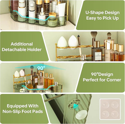 Corner Bathroom Counter Organizer with Makeup Brush Holder & Toothbrush Holders, Makeup Organizer for Vanity Countertop, Acrylic Skincare Storage Shelf (Green, 3-Tier)