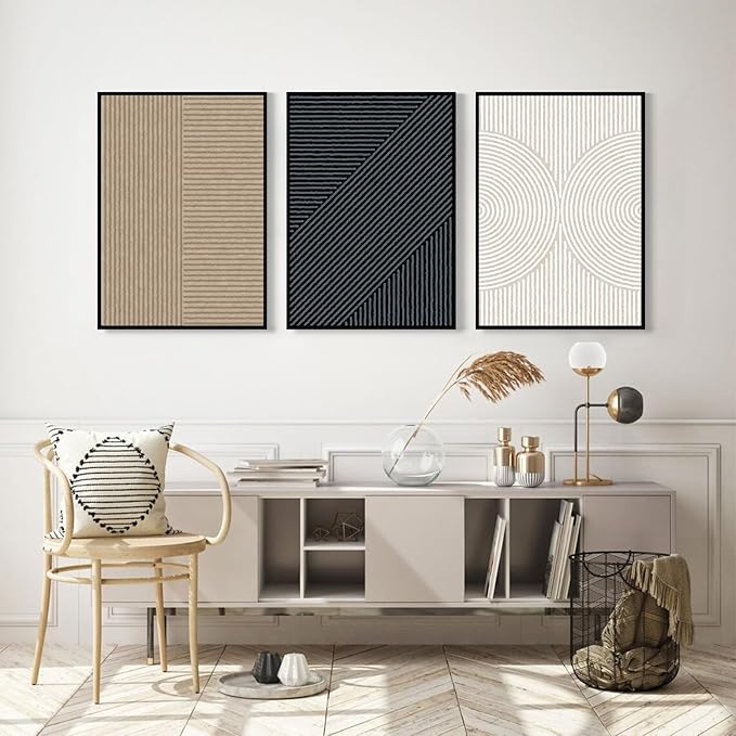 Modern Abstract Pictures Wall Art Boho Neutral Canvas Wall Art Minimalist Line Wall Decor Black Brown Artwork Abstract Modern Painting Prints for Living Room Bedroom 12x16 Inch Framed Set of 3