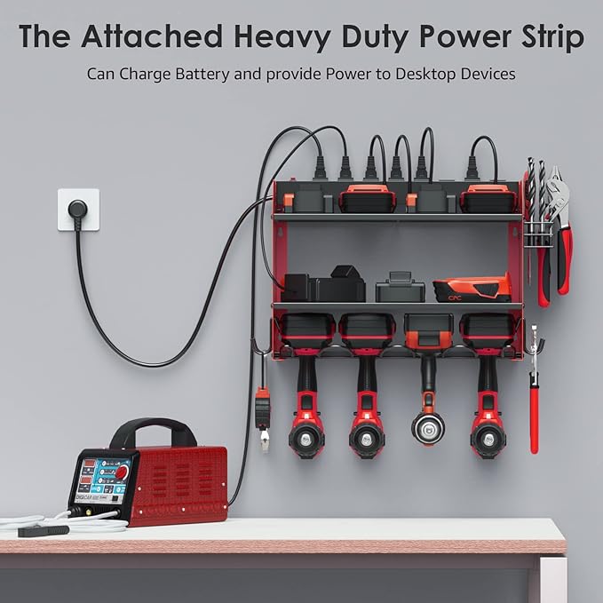 CCCEI Set Power Tool Organizer Wall Mount with Charging Station. Garage 8 Drills Storage Shelf with Hooks, Screwdriver, Drill Bit Heavy Duty Rack, Tool Battery Holder Built in 8 Outlet Power Strip.