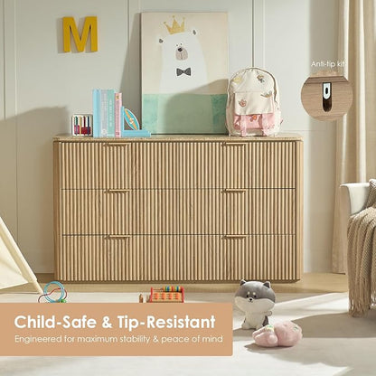 Fluted 6 Drawer Dresser for Bedroom, 54.5" Wide Modern Chest of Drawers with Faux Marble Top, Curved Corners, Wooden Dresser TV Stand with Organizer Storage for Living Room, Natural Oak