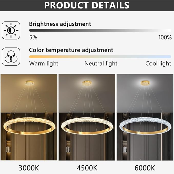 40" 1 Ring Crystal Chandelier Modern LED Dimmable Ring Pendant Light Chandelier for Dining Room Living Room Gold