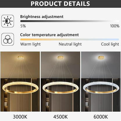 40" 1 Ring Crystal Chandelier Modern LED Dimmable Ring Pendant Light Chandelier for Dining Room Living Room Gold