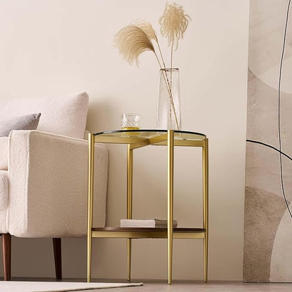 Round Glass End Table, Mid-Century Modern Design Sofa Table for Living Room, D18 x H23, 2-Tier Structure, Clear Glass Top and Walnut Shelf, Sleek Conical Legs with Gold Finish Frame