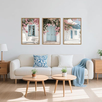 HOURIA Modern Greek Island Cityscape Framed Canvas Wall Art Set,European White House Blue Door Shutter Landscape Wall Decor,Santorini Natural Pink Flower Artwork for Living Room, Bedroom-24 x36 x3