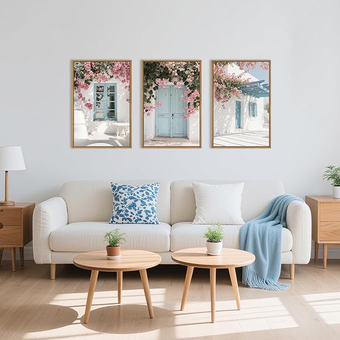 HOURIA Modern Greek Island Cityscape Framed Canvas Wall Art Set,European White House Blue Door Shutter Landscape Wall Decor,Santorini Natural Pink Flower Artwork for Living Room, Bedroom-16 x24 x3