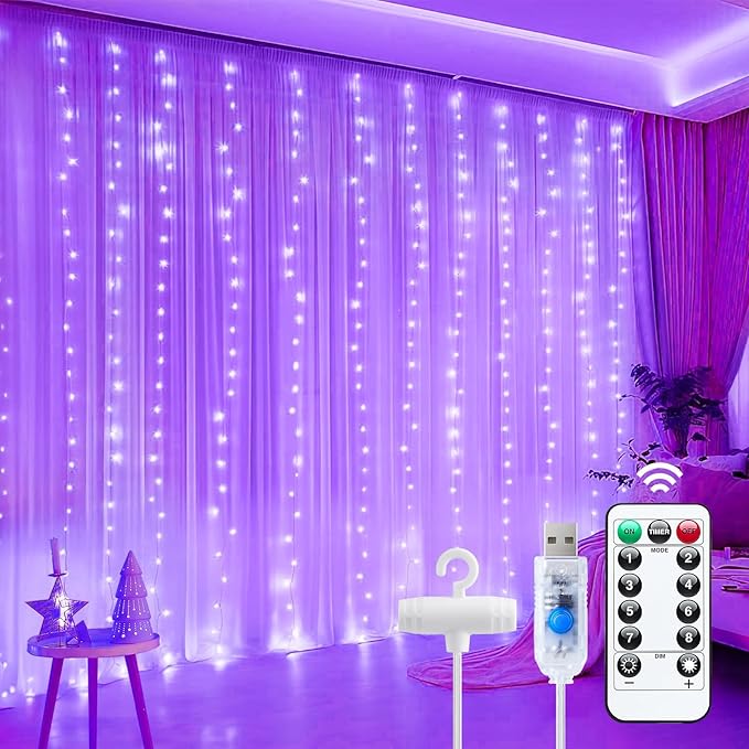 Minetom Curtain Lights, 300 LED Dimmable Fairy Lights with Remote and Timer, 8 Modes, USB Powered String Lights for Room Wall Party Xmas Indoor Decor, Purple