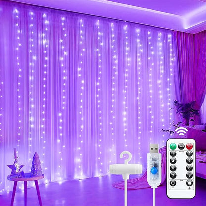 Minetom Curtain Lights, 300 LED Dimmable Fairy Lights with Remote and Timer, 8 Modes, USB Powered String Lights for Room Wall Party Xmas Indoor Decor, Purple