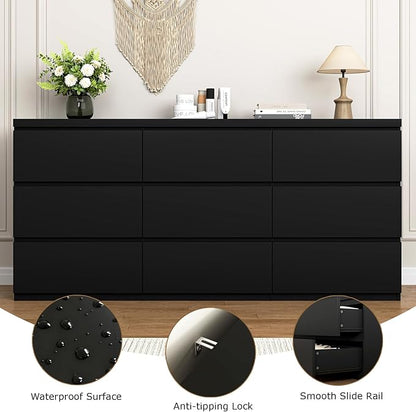 Dresser for Bedroom,9 Storage Drawers,63'' Modern Dresser with Metal Handle,TV Stand for 65 inch,Storage Organizer Furniture,Hallway,Entryway,Closet(Black)