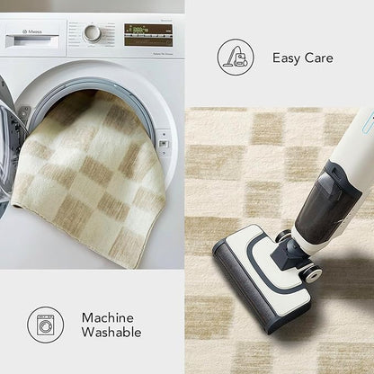 EVERGRACE Checkered Plaid Area Rug 2x10, Soft Fuzzy Faux Wool Rugs Washable Anti Slip Rugs Long Runner Rug Carpet for Entryway Bedroom Living Room Hallway Kitchen Dining Room and Laundry Room, Beige