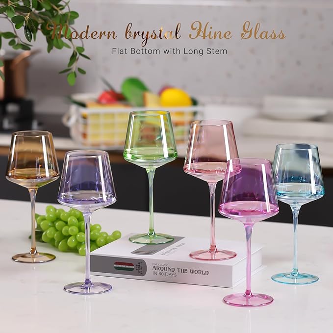 Physkoa Colored Wine Glasses Set 6-16OZ Colorful Wine Glass With Tall Long Stem&Flat Bottom,Colored Stemmed Wine Goblet,Wine Gifts for Women Mom Wife Friend