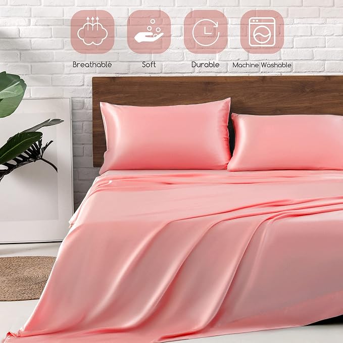 MR&HM Satin Bed Sheets, Twin XL Size Sheets Set, 3 Pcs Silky Bedding Set with 15 Inches Deep Pocket for Mattress (Twin XL, Blush)
