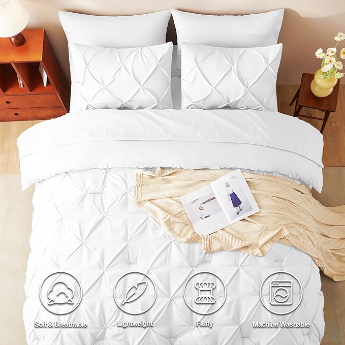 CozyLux Twin XL Comforter Set White, 5 Pieces Twin Extra Long Pintuck Bed in A Bag for College Dorm, Pinch Pleat Bedding Set with Comforter, Sheets, Pillowcase & Sham