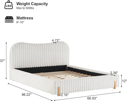 Queen Size Bed Frame, Upholstered Cloud Boucle Platform Beds Frames with Headboard, Anti-Collision Soft Rounded Corners Footboard, No Box Spring Required, Easy Assembly (37” White, Queen)