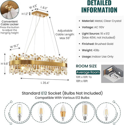Siljoy Rectangular Gold Crystal Chandelier, 16-Light Modern 2-Tiers K9 Crystal Raindrop Chandelier, Luxury Oval Crystal Penadnt Ceiling Light Fixture for Dining Room Living Room Kitchen Island L35.4''