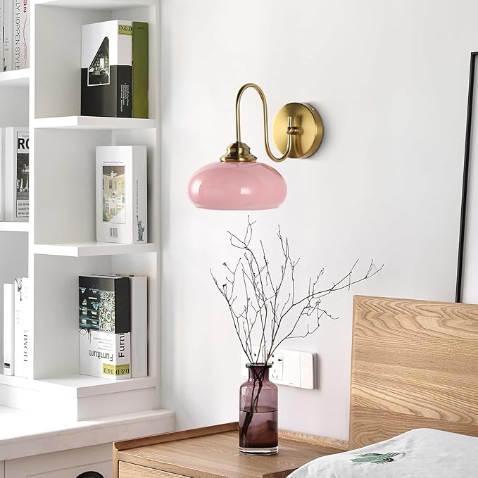 KCO Lighting Nordic Pink Glass Globe Wall Sconce Light Mid Century Modern Gold Wall Light Brushed Brass Wall Sconce Lamp Bedroom Wall Sconces Hardwired Indoor Sconce Wall Lighting