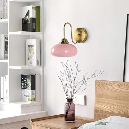 KCO Lighting Nordic Pink Glass Globe Wall Sconce Light Mid Century Modern Gold Wall Light Brushed Brass Wall Sconce Lamp Bedroom Wall Sconces Hardwired Indoor Sconce Wall Lighting