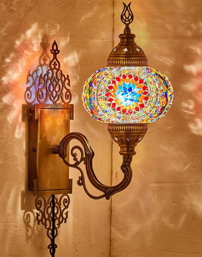 Turkish Moroccan Mosaic Plug-in Wall Sconce Lamp, Handmade Tiffany-Style Glass Globe, Ornate Brass Base, 5.2-ft Cord, Decorative Lighting for Living Room, Bedroom, Dining Room, 15x5 in, Multicolor