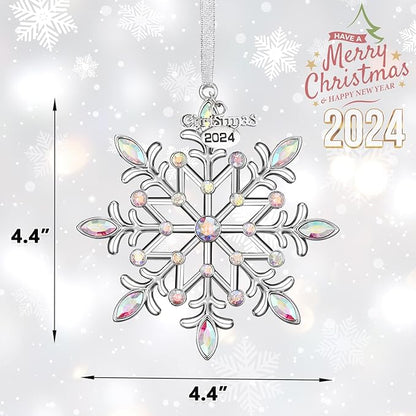 Christmas Snowflake Ornaments 2024 Decor for Christmas Tree Metal Hanging Rhinestones Glitter Crafts Snow Flake Decorations Indoor for Holidays Winter Home Window Room Door-Silver