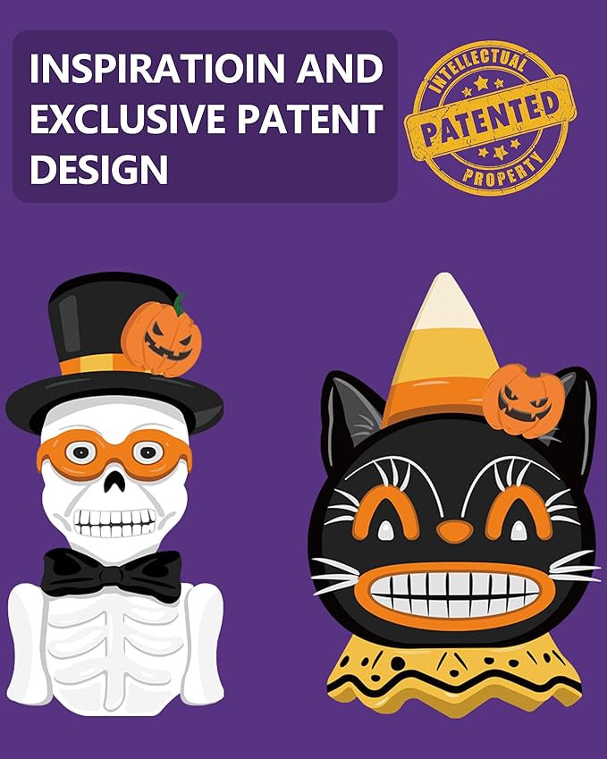 Vintage Halloween Decorations Indoor - 2-Pack 4.7'' Resin Skeleton Gentleman & Black Cat Figurine with Flickering Pumpkin Lights - Halloween Table Decor Gifts (Jack-O’-Lantern)