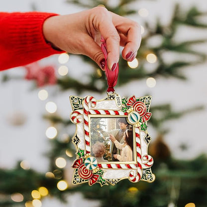 2025 Christmas Ornaments 2 inch Picture Frame Metal Hanging Pendant for Tree Small Decorative Keepsake, Display Photo for Baby and Pet (Candy Gold (2025))
