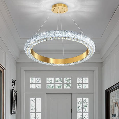 24" Ring Modern LED Dimmable Crystal Chandelier Adjustable Height Pendant Light Round Crystal Chandelier Light Fixtures for Dining Room Living Room Kitchen Island Gold