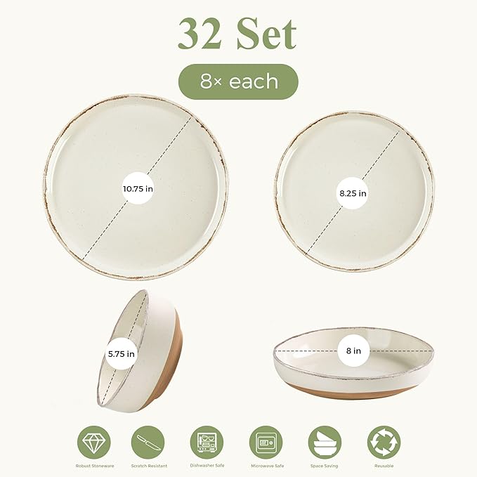 AmorArc 32 Pieces Ceramic Dinnerware Sets for 8, Handpainted Plates and Bowls Set with Rustic Terracotta Underside, Scratch Resistant Stoneware Dishes Set, Dishwasher & Microwave Safe, Light Beige