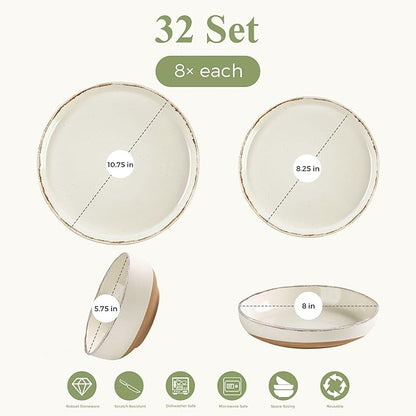 AmorArc 32 Pieces Ceramic Dinnerware Sets for 8, Handpainted Plates and Bowls Set with Rustic Terracotta Underside, Scratch Resistant Stoneware Dishes Set, Dishwasher & Microwave Safe, Light Beige