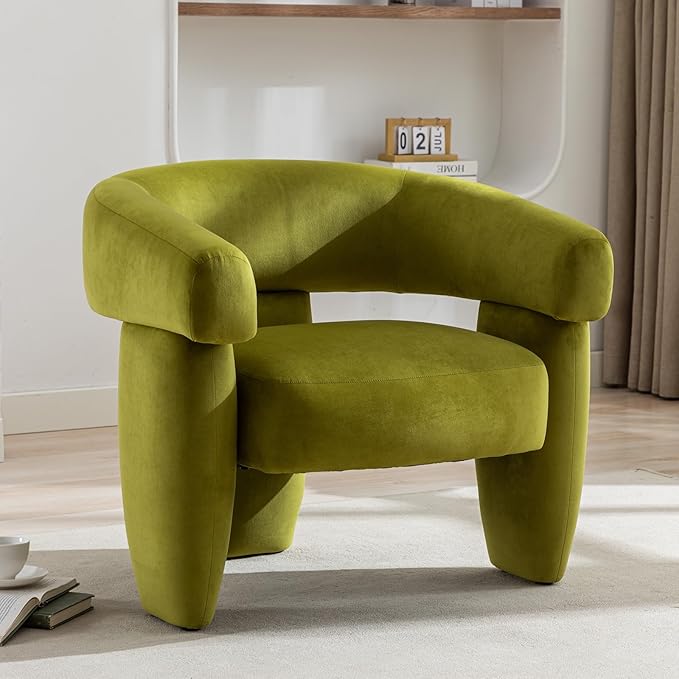 Mid Century Modern Accent Barrel Chair Comfy Upholstered Round Armchair with Montage Design, Velvet Boucle Lounge Chair for Living Room Bedroom Apartment, Green