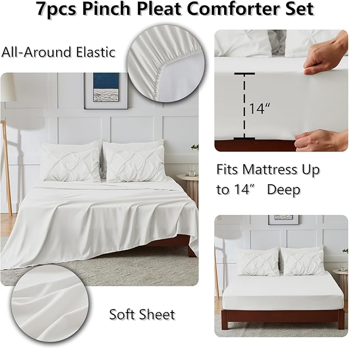 CozyLux Full Size Comforter Sets Ivory, 7 Pieces Pintuck Bed in A Bag Ivory Comforter Full Size, Pinch Pleat Bedding Sets with All Season Comforter, Sheets, Pillowcases & Shams