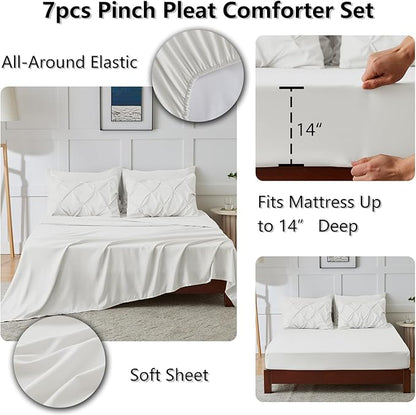 CozyLux Full Size Comforter Sets Ivory, 7 Pieces Pintuck Bed in A Bag Ivory Comforter Full Size, Pinch Pleat Bedding Sets with All Season Comforter, Sheets, Pillowcases & Shams