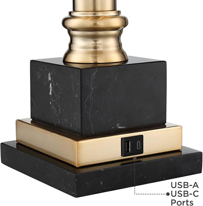 Barnes and Ivy Georgetown 28 1/2" Tall Traditional Table Lamp with USB Charging Ports A+C Warm Brass Steel Black Gold Trim Drum Shade for Living Room Bedroom Nightstand Bedside Office House