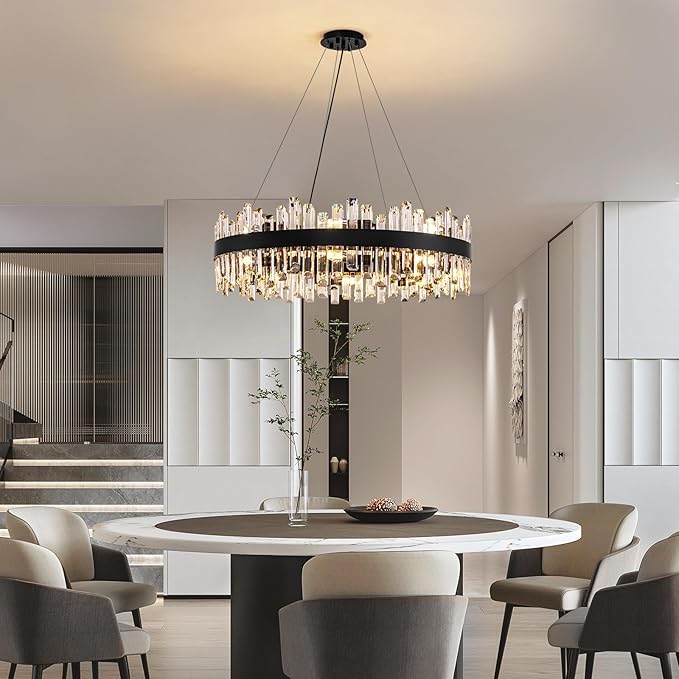 Siljoy Modern Crystal Chandelier 16-Light Farmhouse Black Round Crystal Raindrop Chandelier Industrial Dimmable Crystal Pendant Ceiling Light Fixture for Dining Living Room Entryway Foyer D31.5''