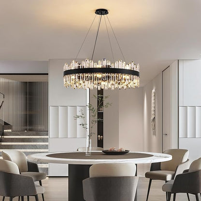Siljoy Modern Crystal Chandelier 16-Light Farmhouse Black Round Crystal Raindrop Chandelier Industrial Dimmable Crystal Pendant Ceiling Light Fixture for Dining Living Room Entryway Foyer D31.5''