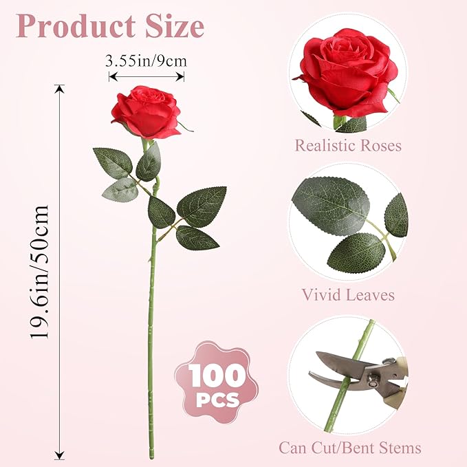 Nubry 100pcs Artificial Silk Roses Bulk,Fake Roses Flower with Stems Realistic Flowers for Wedding Centerpiece Home Party Decor(Red)