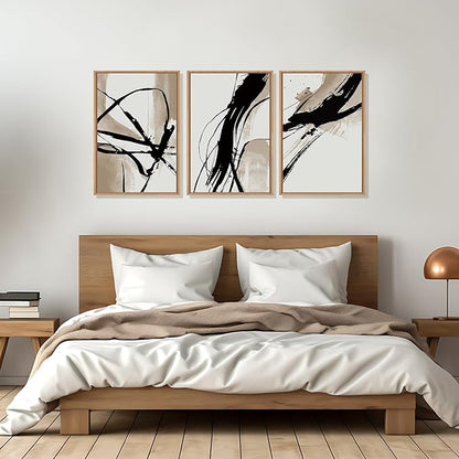 HOURIA Large Abstract Tan and Black Brush Stroke Framed Canvas Wall Art Set,Textured Beige Circle Wall Decor,Minimalism Brown Ink Line Artwork,Modern Shape Art Print for Living Room,Bedroom- 24"x36"x3