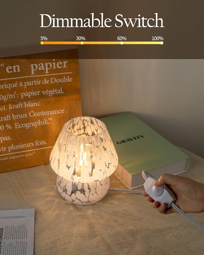 ONEWISH Mushroom Lamp Small Table Lamp-Nightstand Nightlight Dimmable Stepless, Translucent Glass Desk Lamp for Bedroom Dorm Living Kitchen, Murano Style Aesthetic Cute Home Decor(Blue)