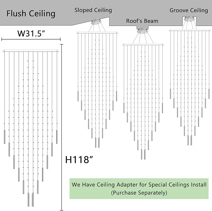 W32 x H120 Glam Chandelier with LED Bulbs Square Chandeliers, Crystal Raindrop High Ceiling Pendant Light for Entrance Large Villa Chandelier Foyer Lighting Fixtures Silver