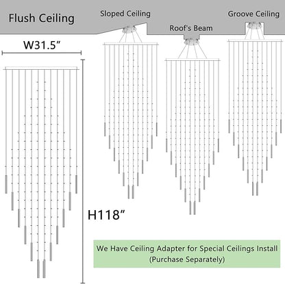 W32 x H120 Glam Chandelier with LED Bulbs Square Chandeliers, Crystal Raindrop High Ceiling Pendant Light for Entrance Large Villa Chandelier Foyer Lighting Fixtures Silver