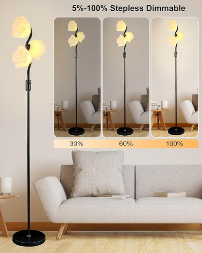 Dimmable Flower Floor Lamp, Modern Black Pole Standing Lamps with 3 Soft Warm White 3000K Bulbs, Mid Century Unique Floral Floor Lamp for Living Room Bedroom Home Decor